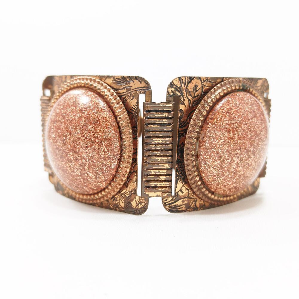 1950s Copper Glitter Lucite Cabochon Bracelet Selini Style Vintage Wide Links